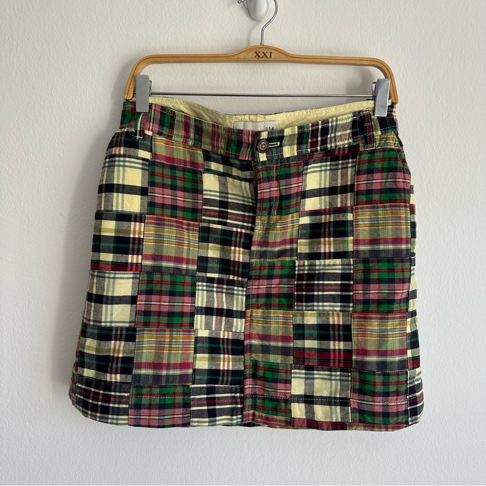 Vintage Old Navy Skirt Mini Plaid Patchwork Rainbow Yellow Blue Pockets Madras